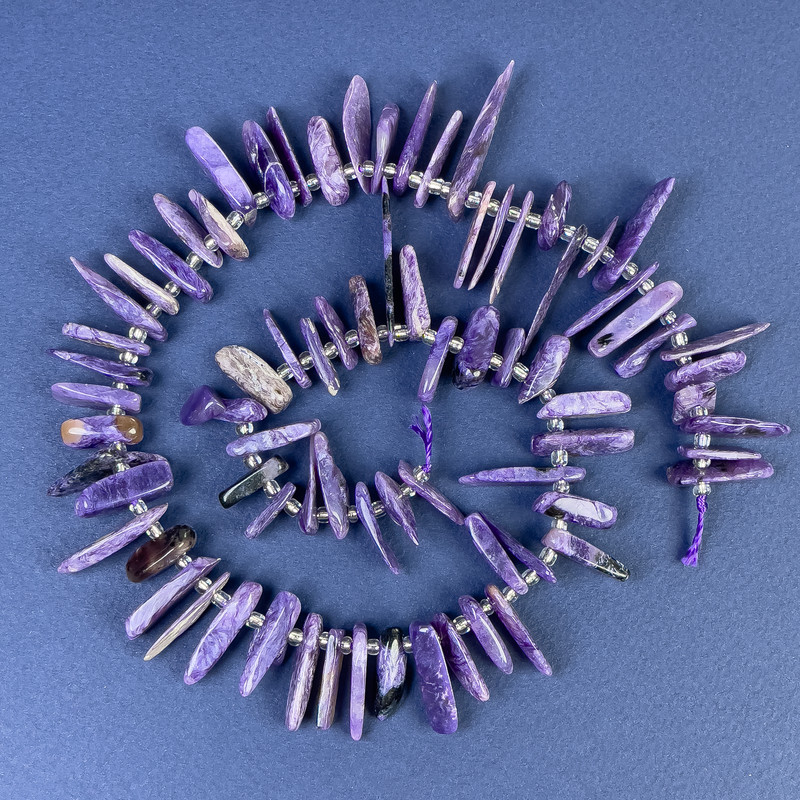 Charoite Chip Beads 15-19x2-6mm+/- with Seed Beads on Thread, Length 40cm+