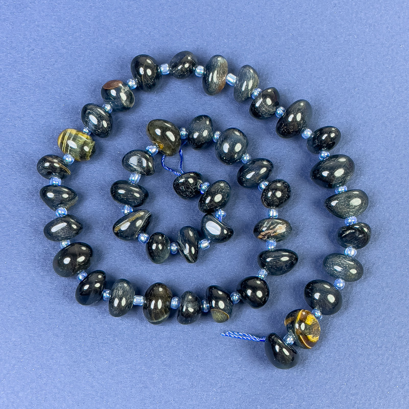 Hawk's Eye Tumbled Beads 9x9mm+/- with Seed Beads on Thread, Length 41cm+
