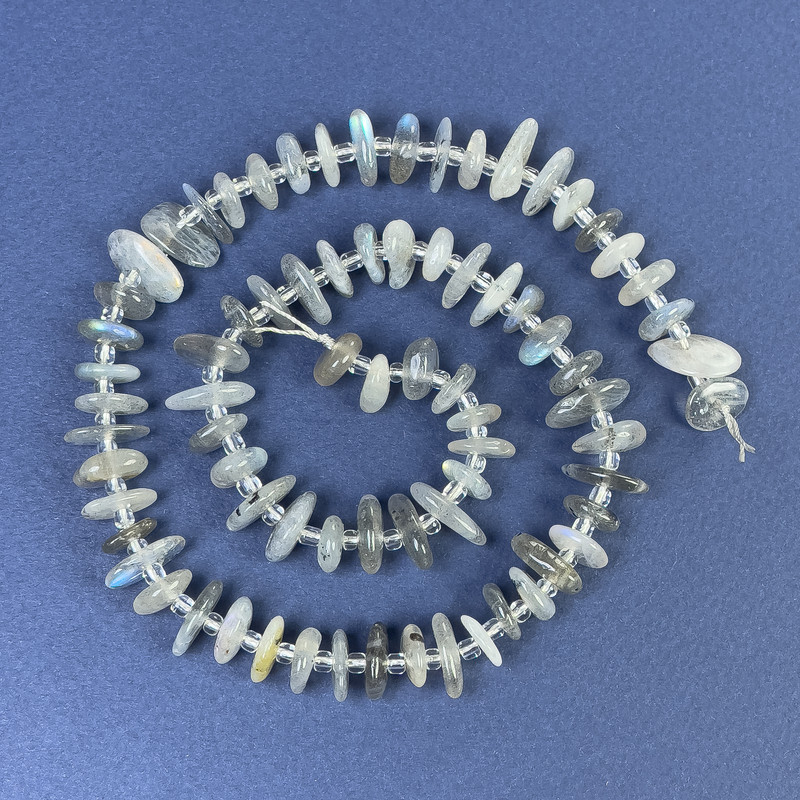Labradorite Chip Beads 9-12x3mm +/- with Seed Beads on String, Length 40cm+