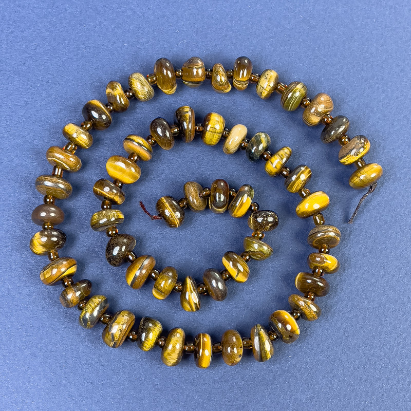 Tiger Eye Beads, Tumbled 9x5mm+/- with Seed Beads on Thread, Length 40cm+