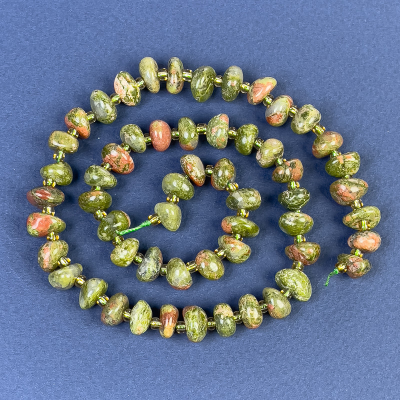 Heliotrope Jasper Beads, Tumbled 8-11x5-6mm+- with 3mm+- Seed Beads on Thread, Length 40cm+
