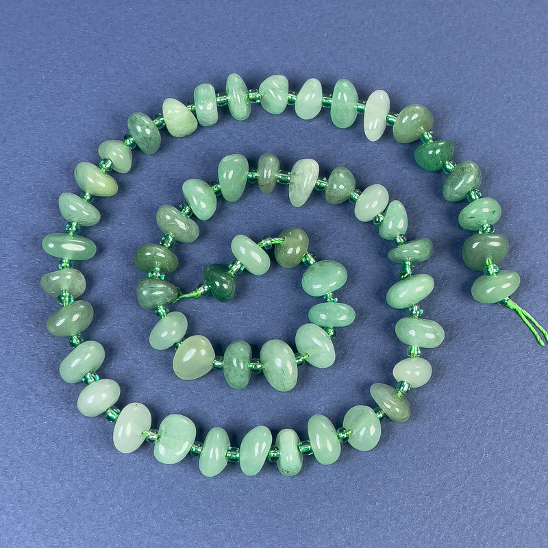 Jade Beads, Tumbled with Seed Beads 10-12x6mm+/- on Thread, Length 43cm+