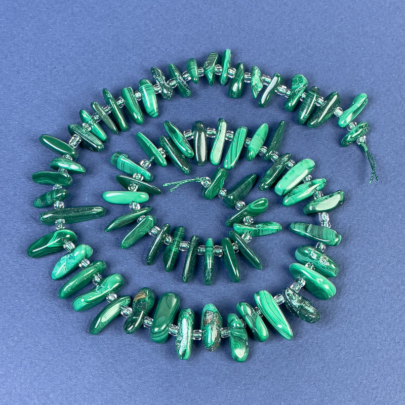 Malachite Chip Beads 16x5mm+/- with 3mm+/- Seed Beads on a Strand, Length 40cm+