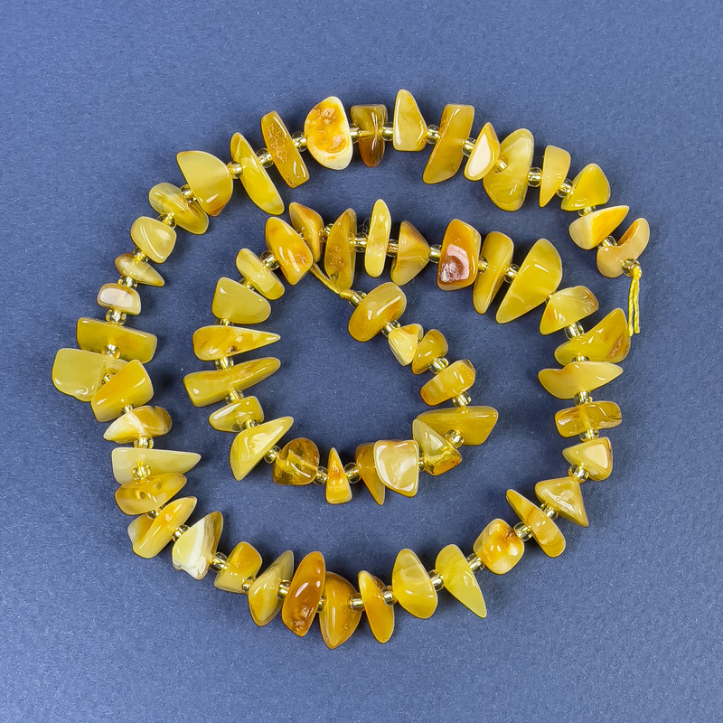 Amber Chip Beads 9-14x3-6mm+/- with 3mm+/- Seed Beads on Thread, Length 38cm+