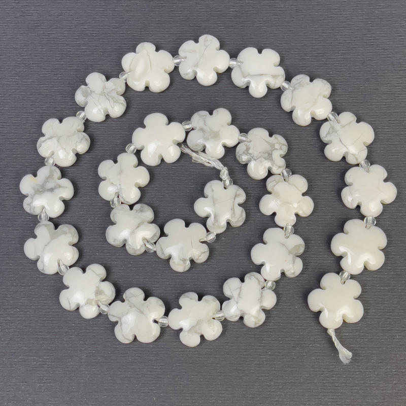 Cacholong Beads Natural Stone Flower, Diameter 15x6mm+/-, Hole Diameter 1mm+/-, Seed Beads Diameter 3mm, Length 41cm+