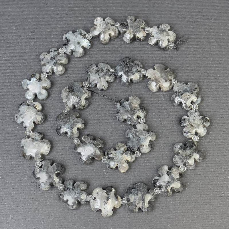 Larvikite Beads Natural Stone Flower, Diameter 15x6mm+- Hole, Diameter 1mm+- Seed Beads, Diameter 3mm, Length 41cm+