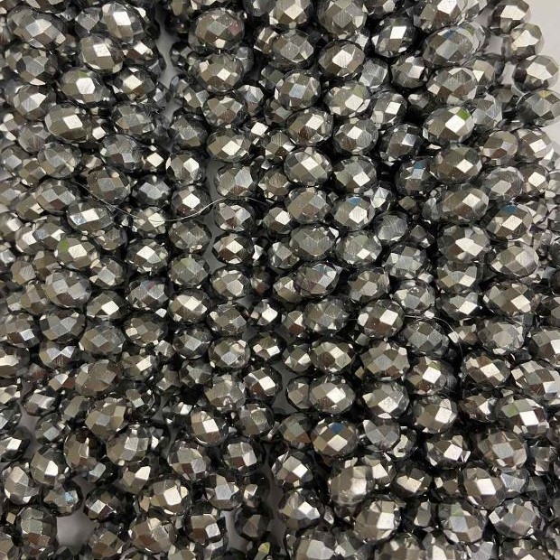 Czech Crystal Beads on Fishing Line, Light Grey Coated Faceted Rondelle, Diameter 8x6mm +/-, Length 40cm+
