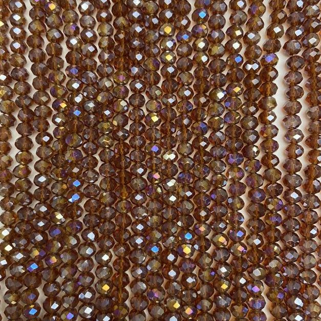 Czech Crystal Beads on Fishing Line, Brown Transparent with Petrol Coating Faceted Rondelle, Diameter 6x5mm +/-, Length 40-41cm+