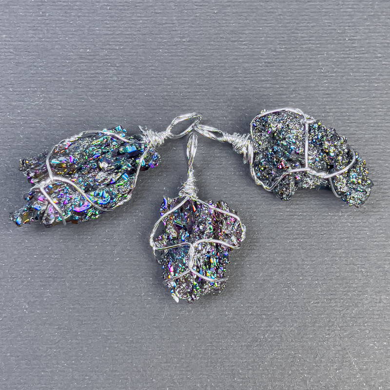 Raw Rainbow Chalcopyrite Pendant with Galvanised Coating in Wire Wrap, Assorted Sizes 35-45x9-22mm+