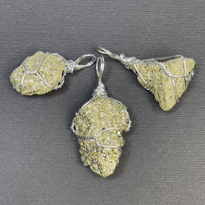 Raw Pyrite Pendant in Wire Wrap, Assorted Sizes 25x12x37-20x15x30mm+