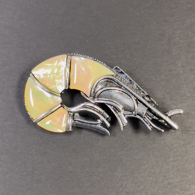 Brooch Pendant Mother of Pearl Crawfish Silver-Coloured Metal 52x27mm+