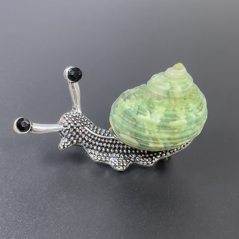 Brooch-pendant Snail green color silver metal 53x26mm+- black rhinestones