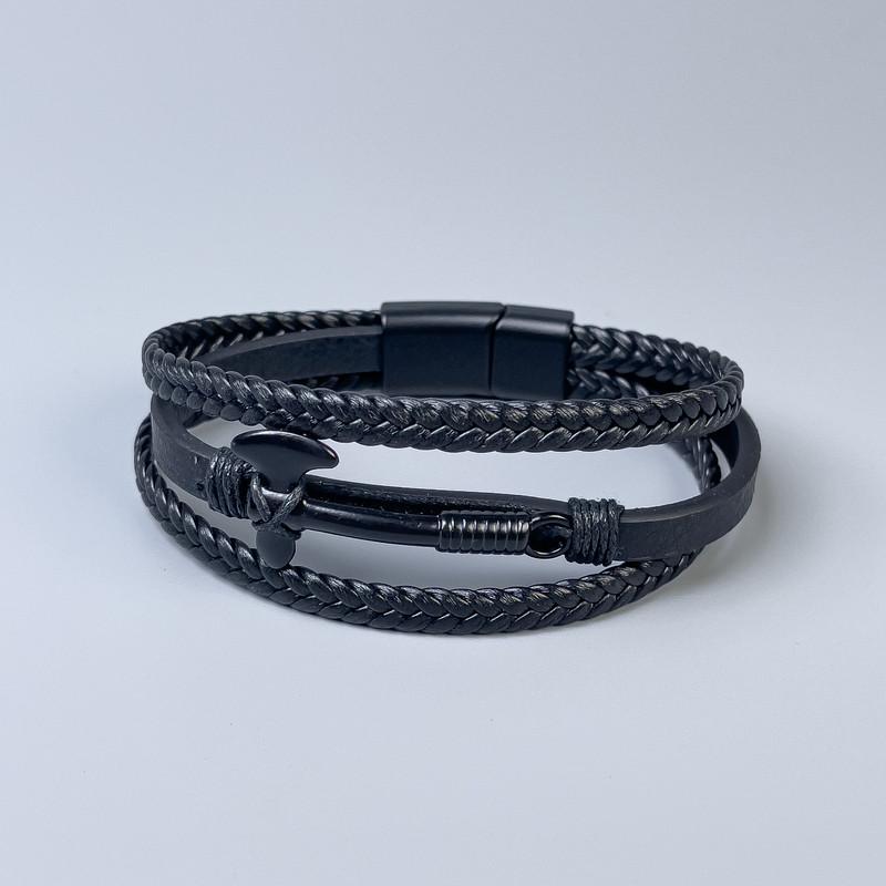 Men's bracelet in black eco-leather with metal inserts, 10-22mm thickness ±, length 22cm ± black metal clasp