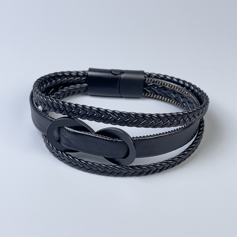Triple-layer men's bracelet in black eco-leather with metal insert, thickness 12-25mm±, length 22cm±, black metal clasp