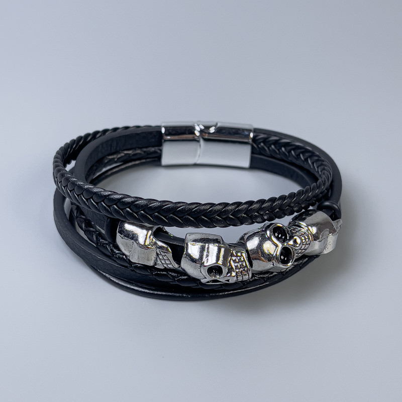 Men's bracelet in black eco-leather with metal inlays, thickness 12-25mm±, length 22cm±, silver metal clasp