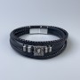 Men's bracelet in black eco-leather with metal inlays, thickness 12-25mm ±, length 22cm ±, silver-toned metal on clasp