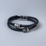 Men's bracelet with faux leather in black with metal inlays, 10mm thickness, length 22cm, silver metal on clasp