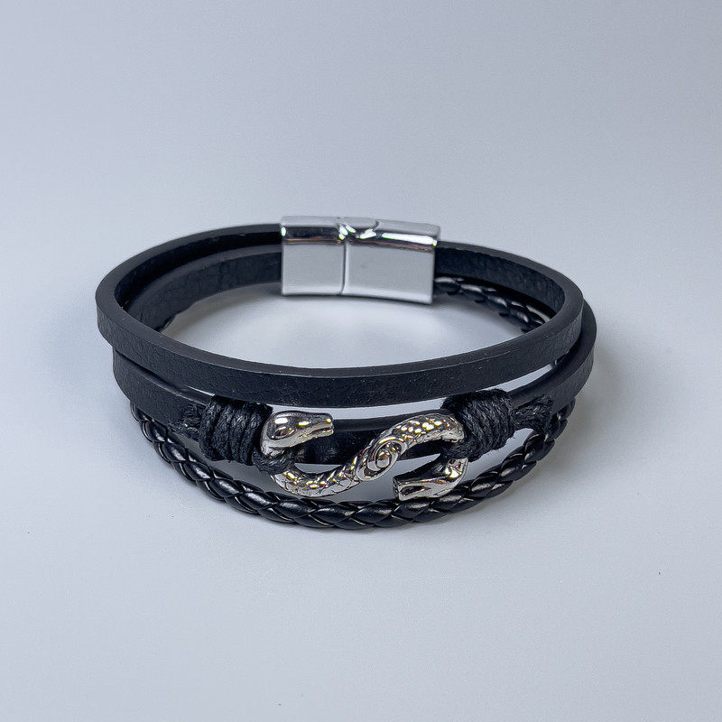 Men's bracelet in black eco-leather with metal inlays, 10-20mm thick, length 22cm, silver-toned metal clasp