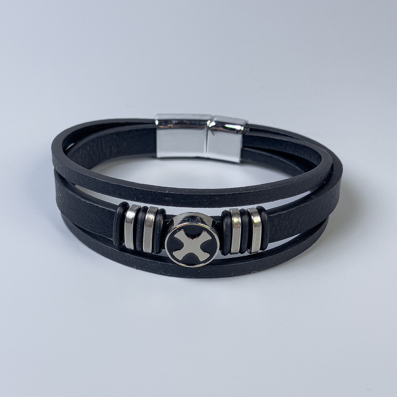 Men's bracelet in black eco-leather with metal inlays, 10-22mm thick, length 22cm, silver-toned metal on clasp