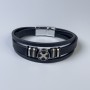 Men's bracelet in black eco-leather with metal inlays, 10-22mm thick, length 22cm, silver-toned metal on clasp