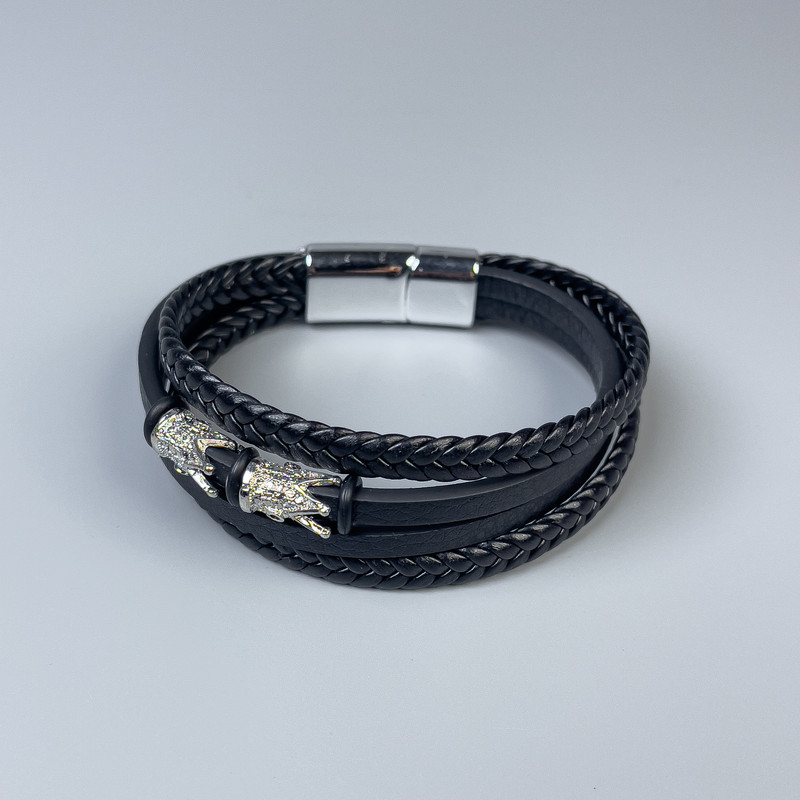 Men's bracelet in black eco-leather with metal insets, 12-20mm thick ±, length 22cm ±, silver metal clasp