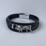 Men's bracelet, black eco-leather with metal inlays, thickness 12-20mm±, length 22cm±, silver metal clasp