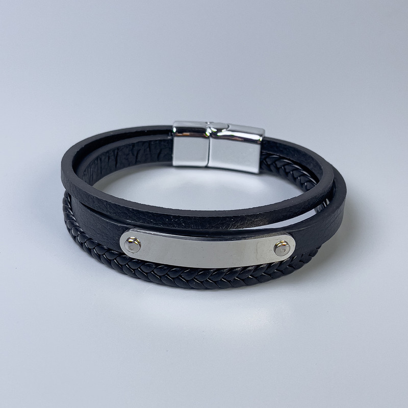 Men's bracelet in black eco-leather with metal inlays, thickness 10-19mm±, length 22cm±, silver-toned hardware