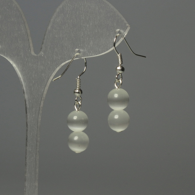 Earrings 'Cat's Eye' Bead 8mm+- light grey colour, length 35mm+