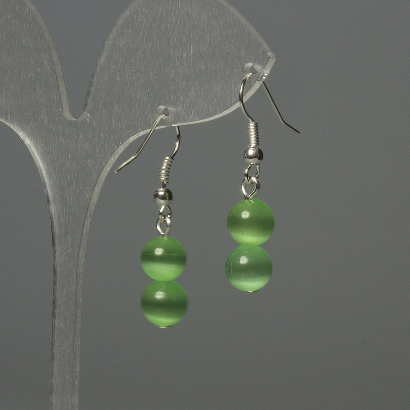 Earrings Cat's Eye Bead 8mm+ green, length 37mm+