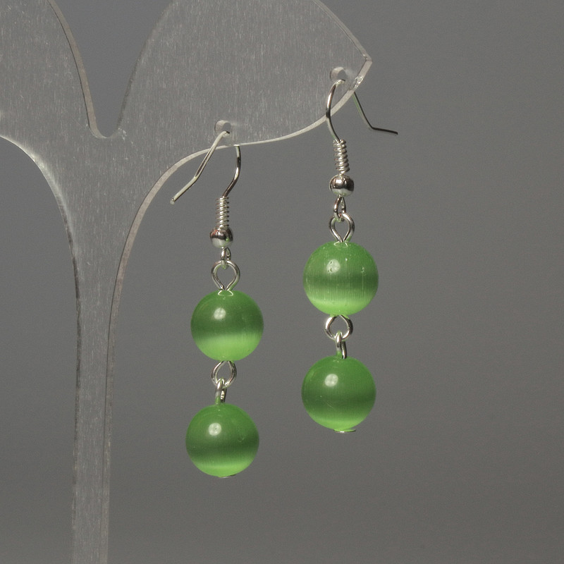 Earrings 'Cat's Eye' Beads 10mm+ Green Color, Length 42mm+
