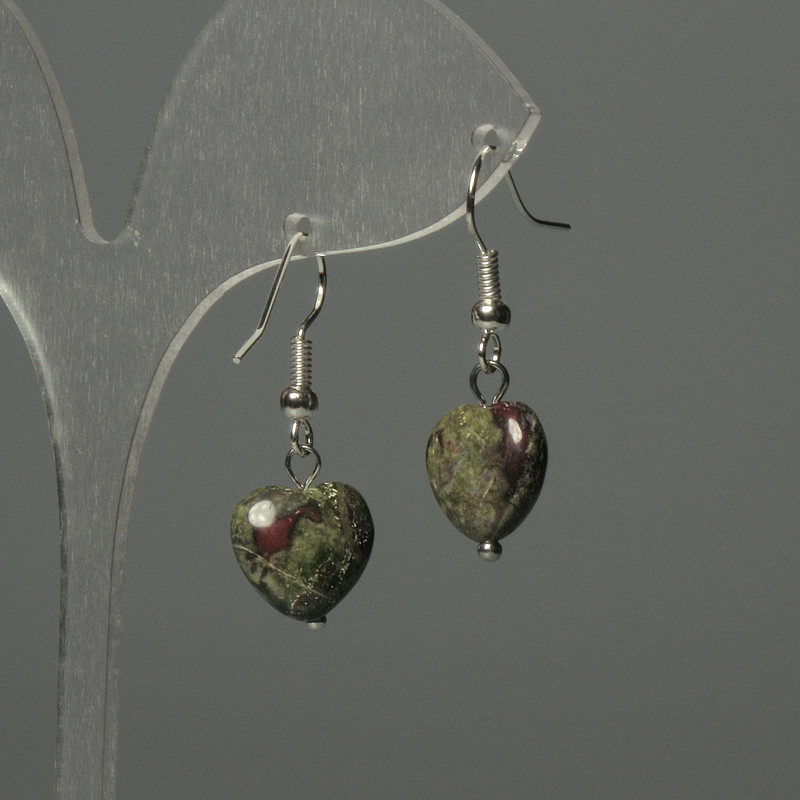 Earrings Dragon Blood Jasper Heart 12mm,+- length 30mm+-