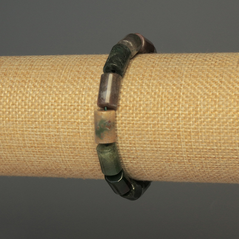 Bracelet Moss Agate Cylindrical, Ø 12×8 mm ±, length 18 cm ± stretch