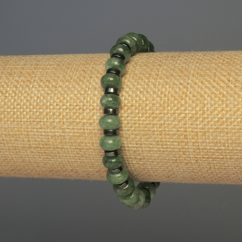 Bracelet Green Strawberry Quartz Rondelle, 8.5x5mm+- Hematite 6x2mm+-, length 18cm+- stretch