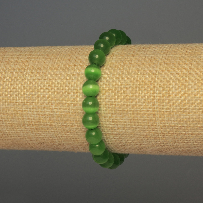 Bracelet Cat's Eye Green Smooth Bead, 8mm diameter ±, 18mm length ± Stretch