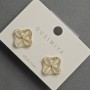 Clover Cat's Eye Stud Earrings 14mm+/- White Rhinestones Gold-Tone Metal
