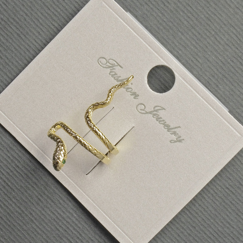 Earring 'Café' snake head ear stud with green crystals on golden metal 13x26mm+