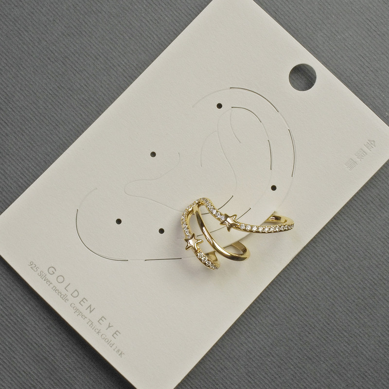 Ear Cuff Earring Gold-Tone Metal 18x27mm +/- White Rhinestones