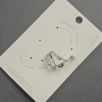 Ear Cuff Earring Silver-Tone Metal 18x27mm +/- White Rhinestones