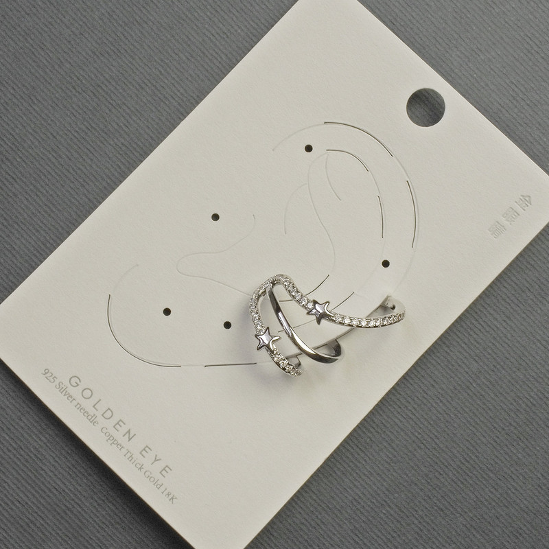 Ear Cuff Earring Silver-Tone Metal 18x27mm +/- White Rhinestones