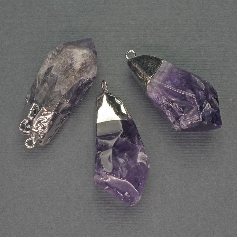 Amethyst Pendant natural stone, diameter 16x30mm±, length 37mm±, silver-tone metal finish
