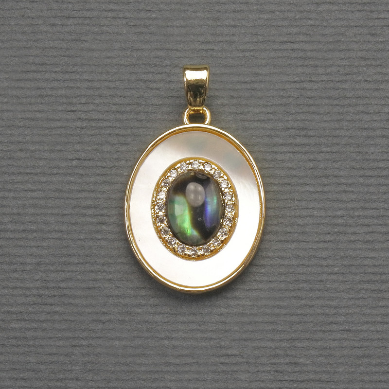 Pendant Halliotite Pearl Oval Golden Metal, diameter 18×16mm+-, length 27mm+-