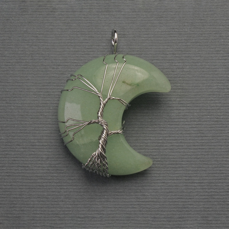Moon Pendant with Nephrite in Silver Wire, diameter 35mm+-, length 45mm+-