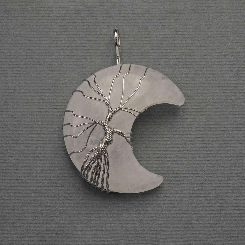 Pendant Moon with Mountain Crystal in a silver-plated weave, diameter 35mm±, length 45mm±