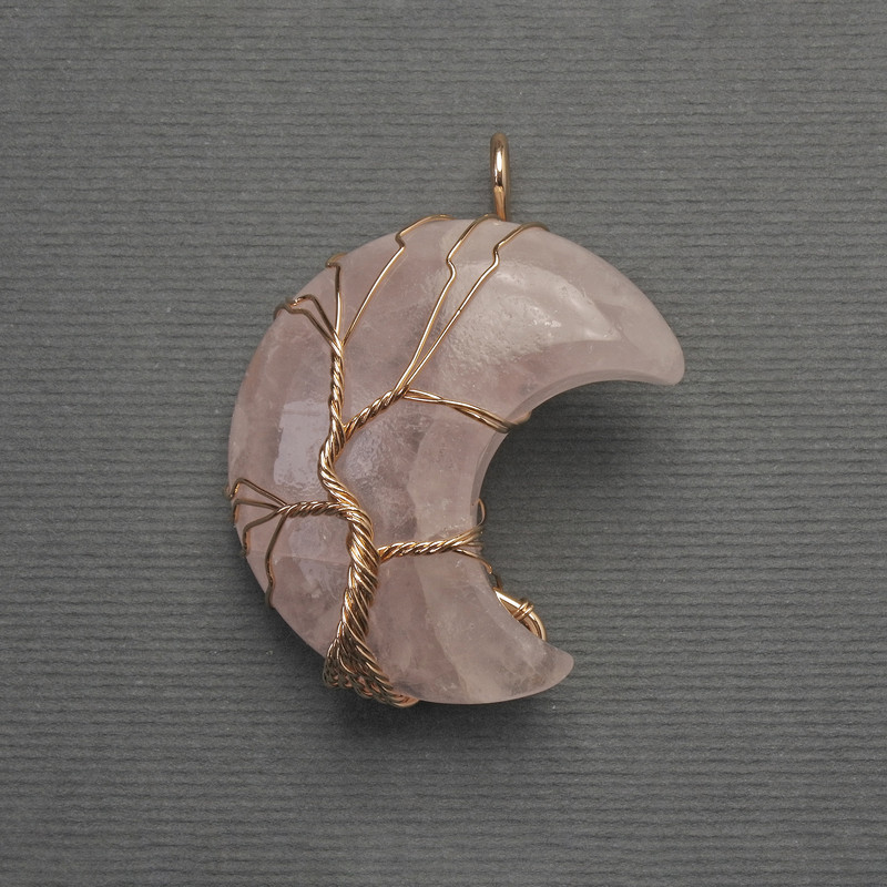 Pendant Moon Pink quartz in golden wire wrap, diameter 35mm±, length 45mm±