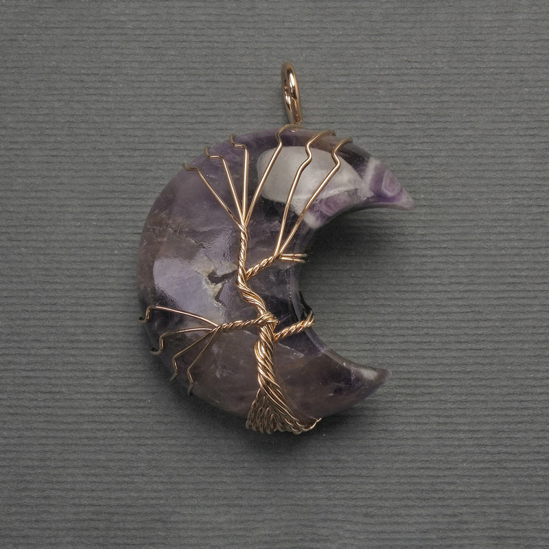 Pendant Moon Amethyst in golden wire wrap, diameter 35mm±, length 45mm±