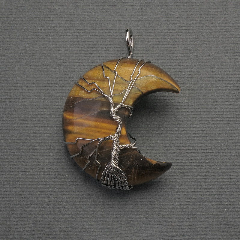Moon Pendant with Tiger's Eye in a Silver Plated Wire, diameter 35mm±, length 45mm±