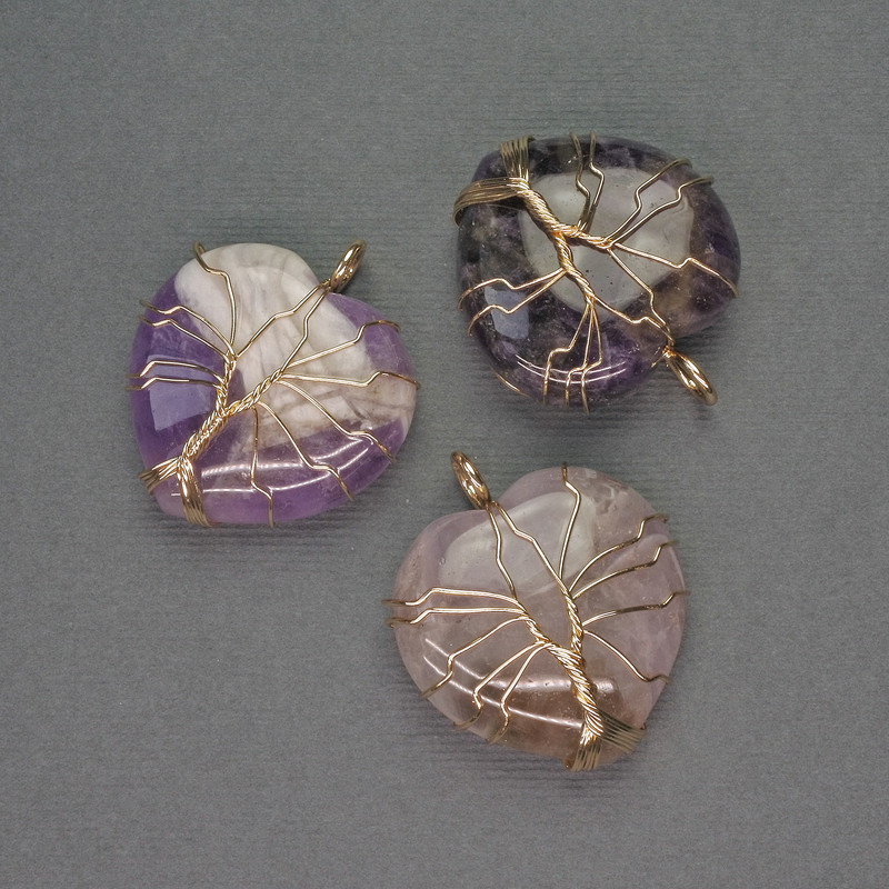 Heart Pendant with Amethyst in Golden Wire Wrap, diameter 30x30mm ±, length 37mm ±