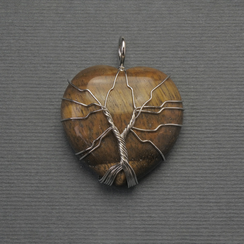 Heart Pendant Tiger's Eye in Silver Plating, 30x30mm±, length 37mm±