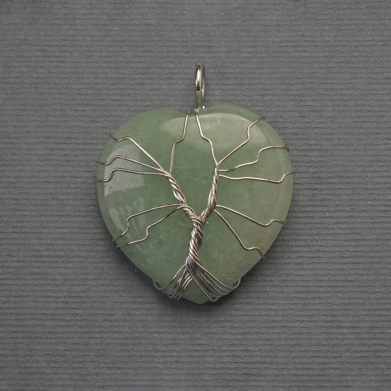 Heart Pendant in Silver-plated Wire Wrap with Nephrite, diameter 30x30mm±, length 36mm±