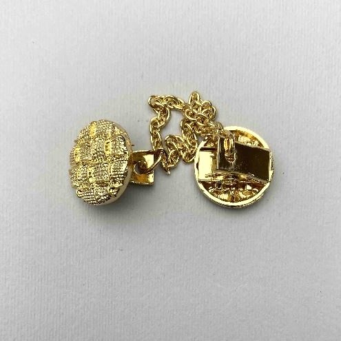 Brooch for cardigans, golden-toned metal, diameter 20mm±, chain length ~9cm+